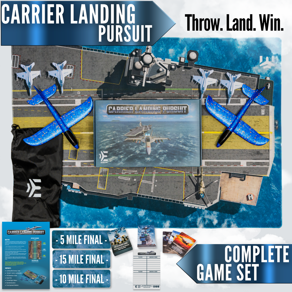 Game Set, Carrier Landing Mat, Foam Gliders, Final Approach Markers, ATC Clearance Cards, Scorepad, Gamepad Carry Case
