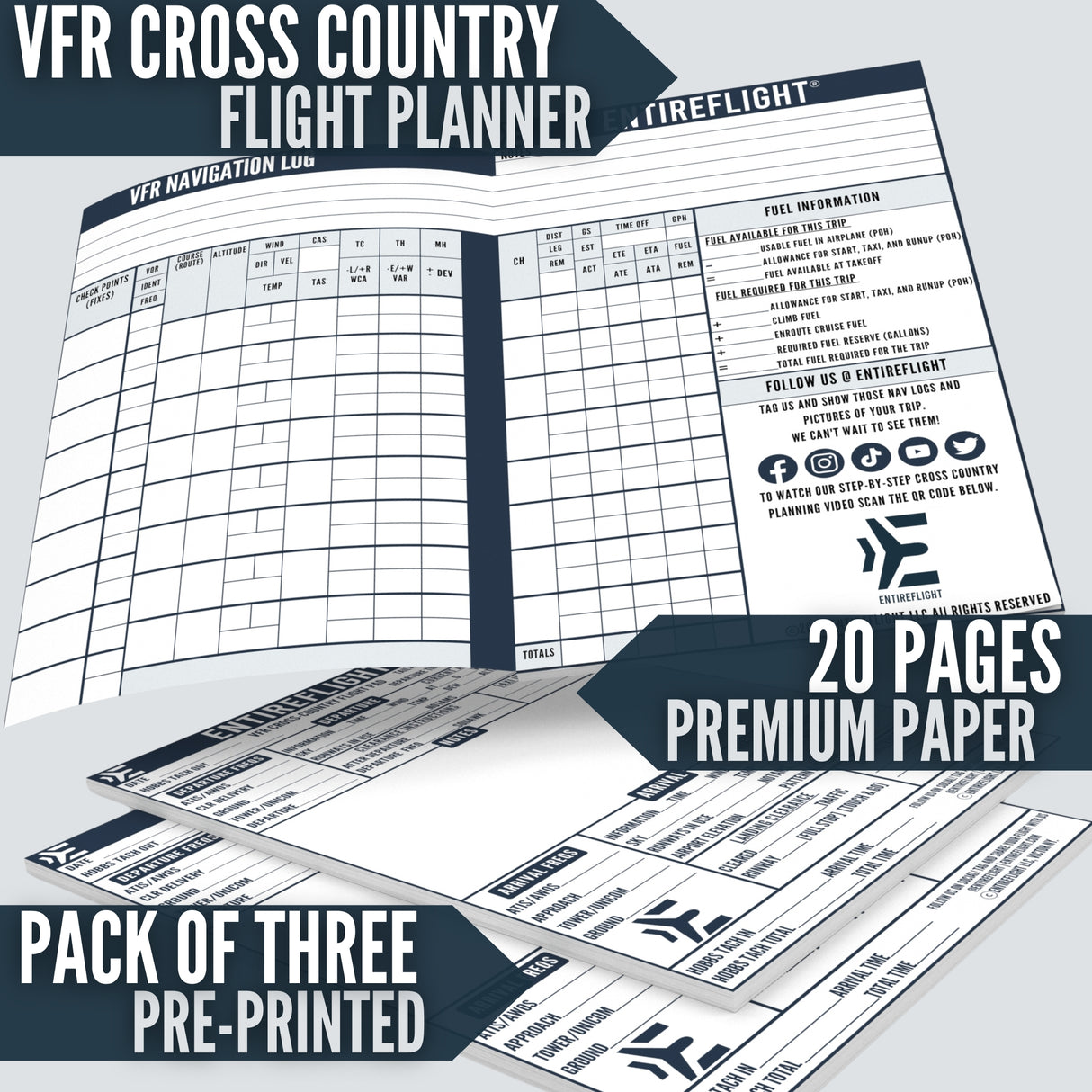 Pack of 3 20 page pre-printed vfr cross country flight planners
