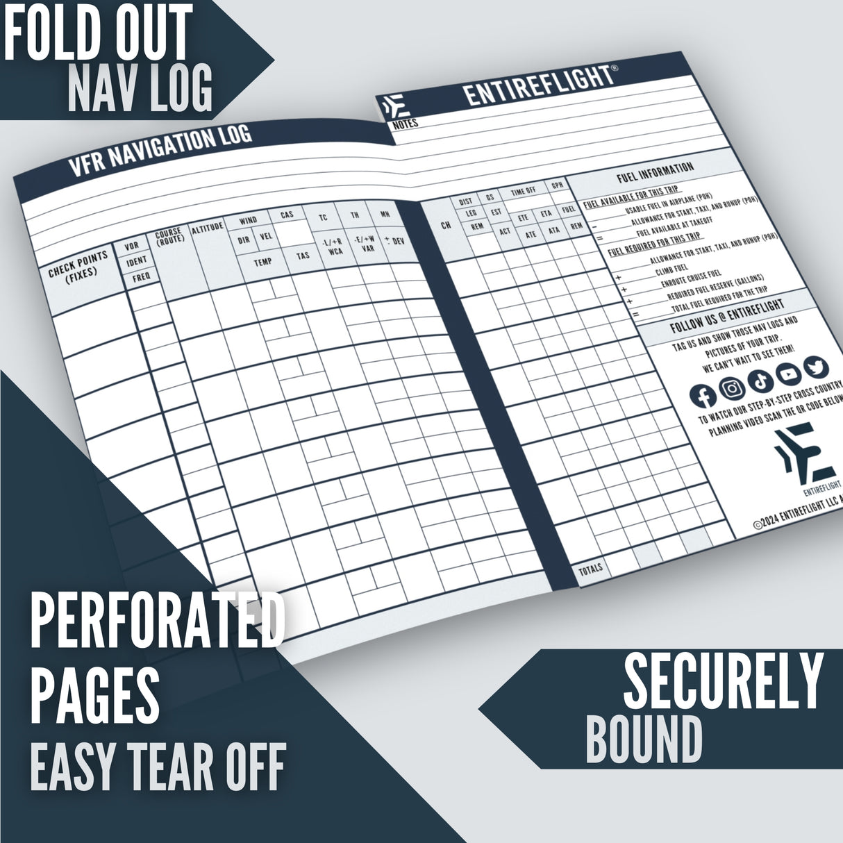 Features a fold out navigation log, perforated pages and secure binding.
