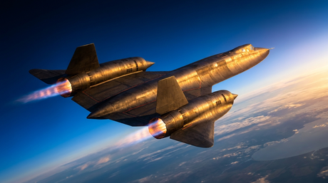 SR-71 Blackbird reconnaissance aircraft flying at high altitude against a deep blue stratospheric sky - the fastest air-breathing manned aircraft ever built
