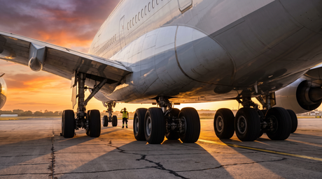 Massive Airbus A380 jumbo jet on airport tarmac at sunset with ground crew member standing beside the landing gear for scale - showing the enormous size and weight of a wide-body airliner