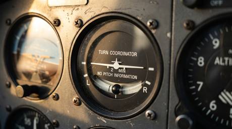 Close-up of a turn coordinator instrument in a general aviation cockpit panel showing the miniature airplane, 2 MIN standard rate index marks, and inclinometer ball