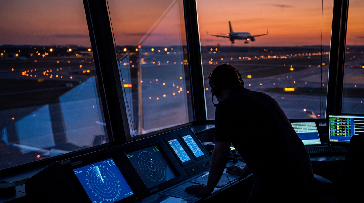 Air traffic controller wearing a headset working radar screens in an airport control tower at dusk as an airliner lands on the runway outside