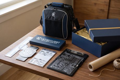 EntireFlight pilot gifts arranged on a desk: Venture flight bag, VFR kneeboard, E6B flight computer and plotter, and a navy gift box with gold ribbon