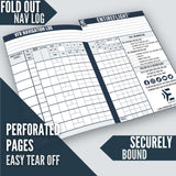 Features a fold out navigation log, perforated pages and secure binding. 
